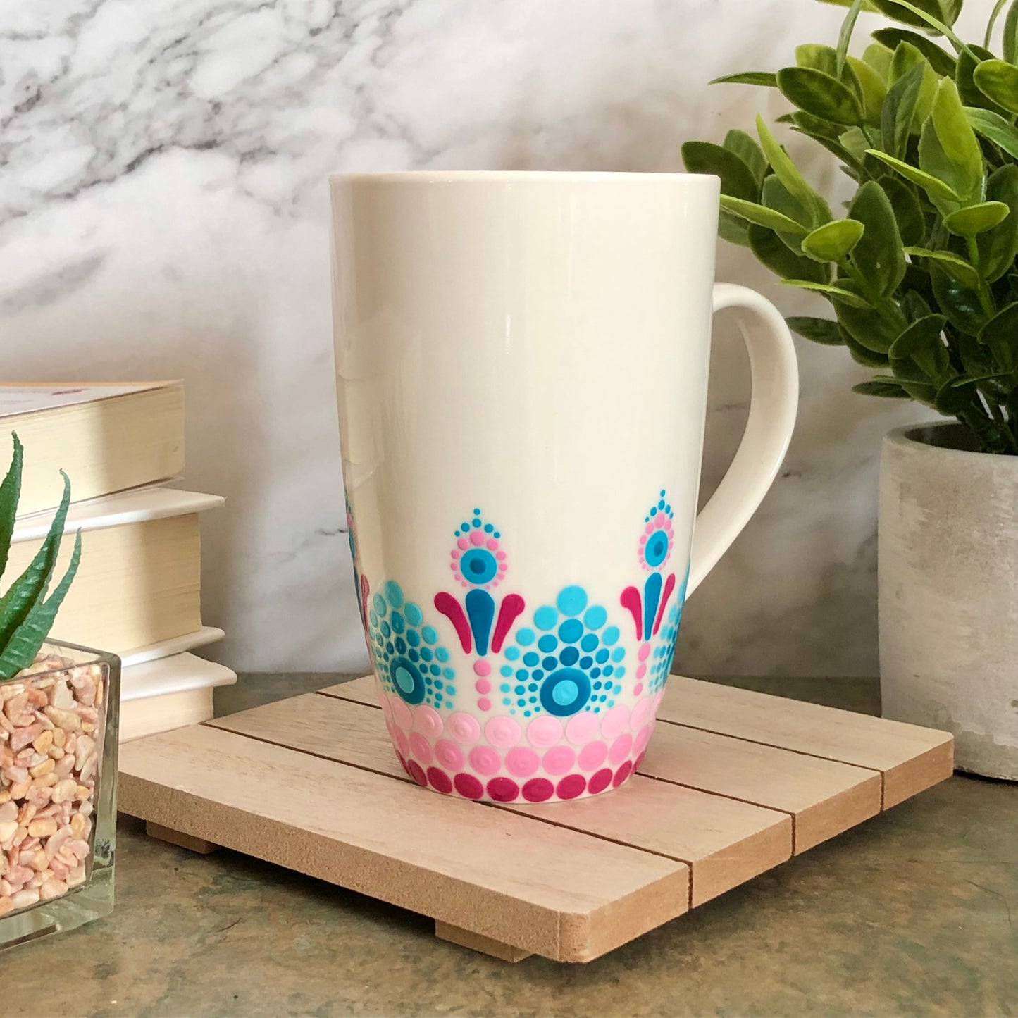 White Mug ~ Pinks and Teals Blooming Flowers Design