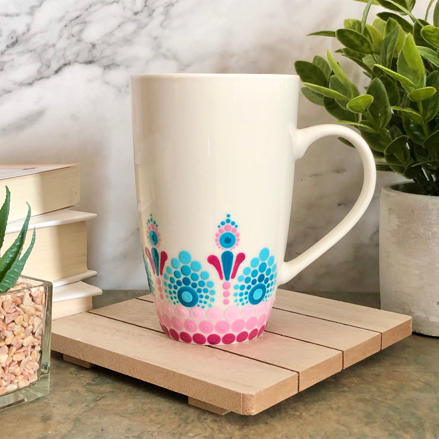 White Mug ~ Pinks and Teals Blooming Flowers Design