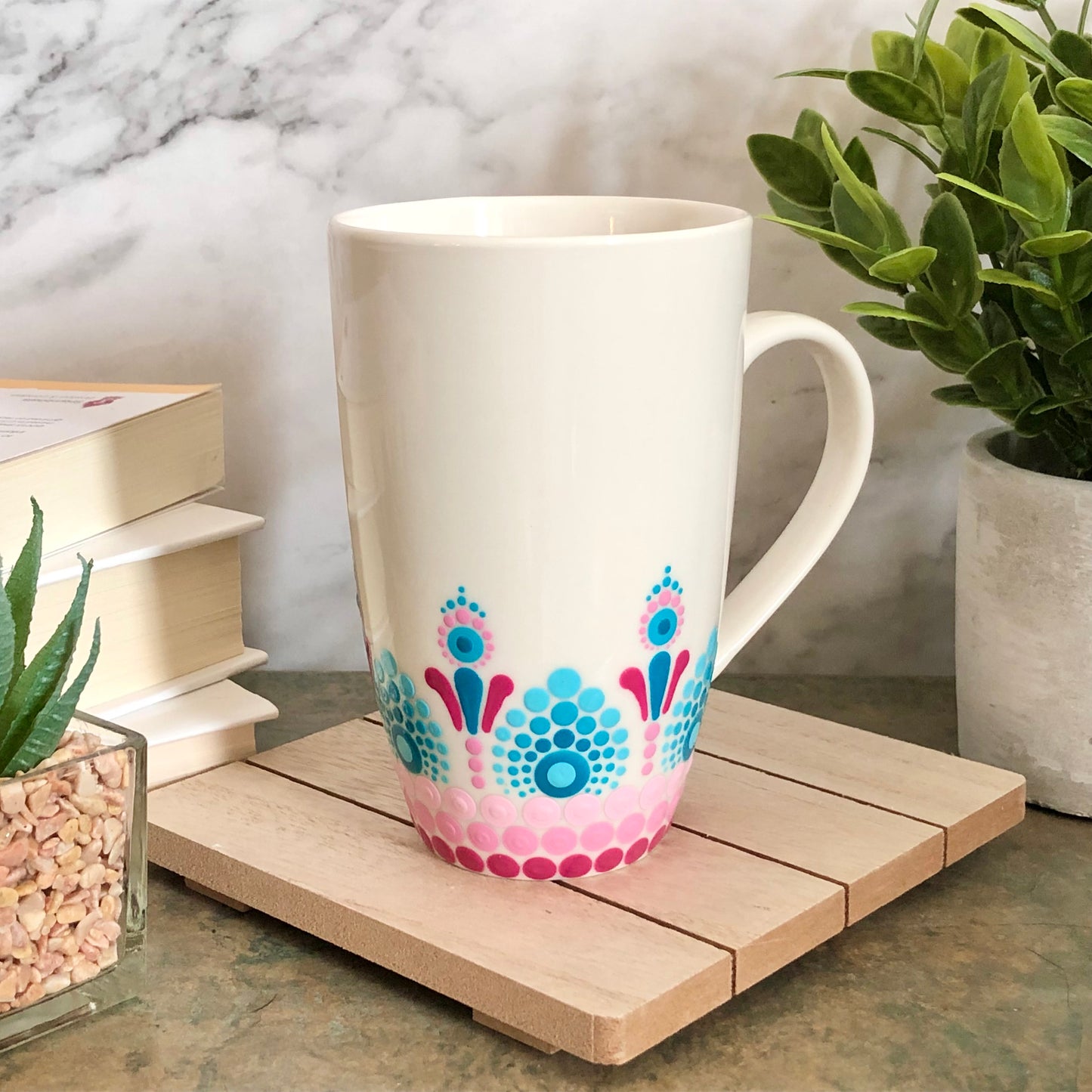 White Mug ~ Pinks and Teals Blooming Flowers Design