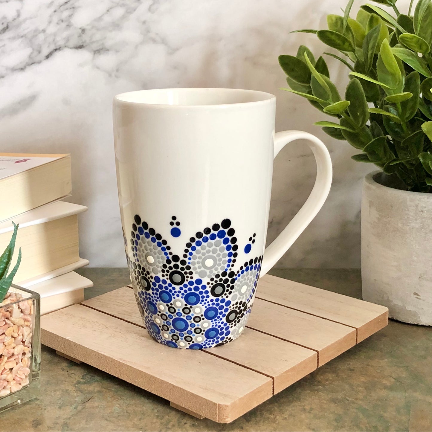 White Mug ~ Blue, Grey and Black Off Centered Mandala