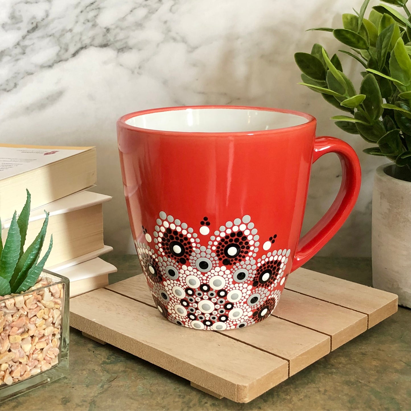 Made to Order ~ Red Mug ~ White, Grey and Black Off Centered Mandala