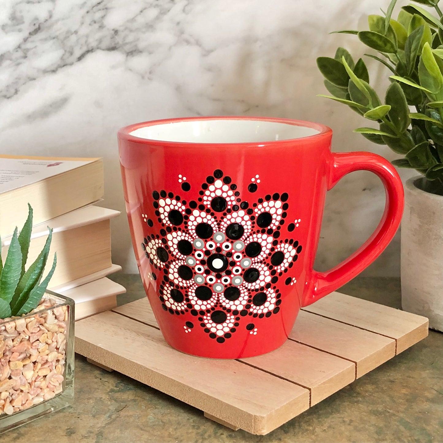 Made to Order ~ Red Mug ~ White and Black Centered Mandala