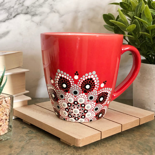 Made to Order ~ Red Mug ~ White, Grey and Black Off Centered Mandala