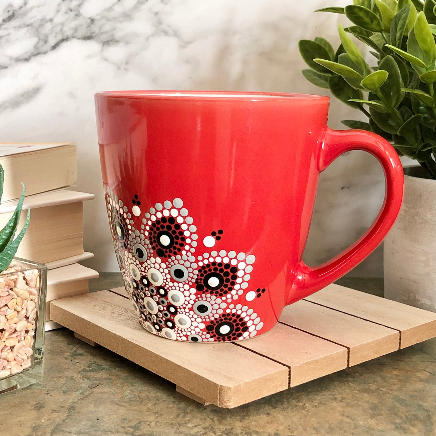 Made to Order ~ Red Mug ~ White, Grey and Black Off Centered Mandala