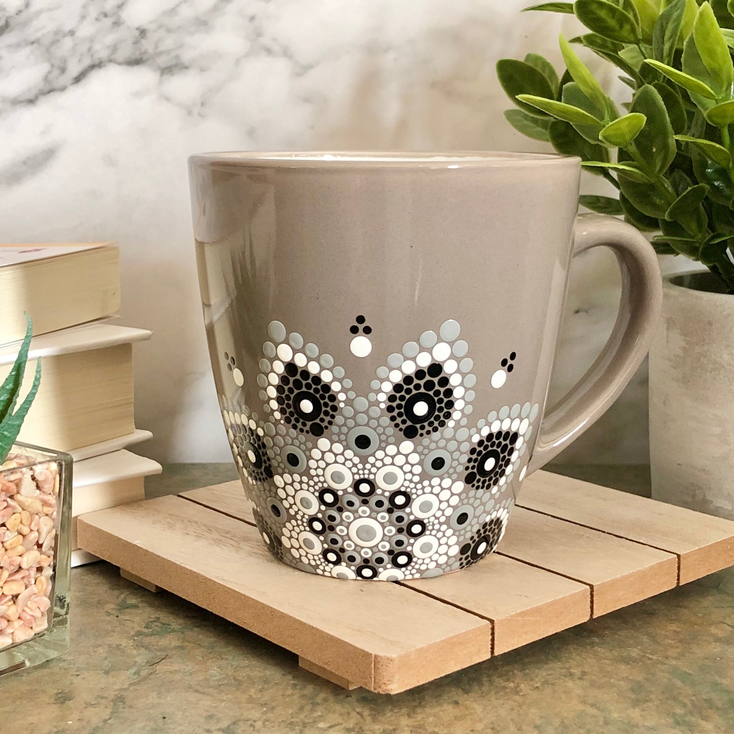 Made to Order ~ Neutral / Light Brown Mug ~ White, Grey and Black Off Centered Mandala