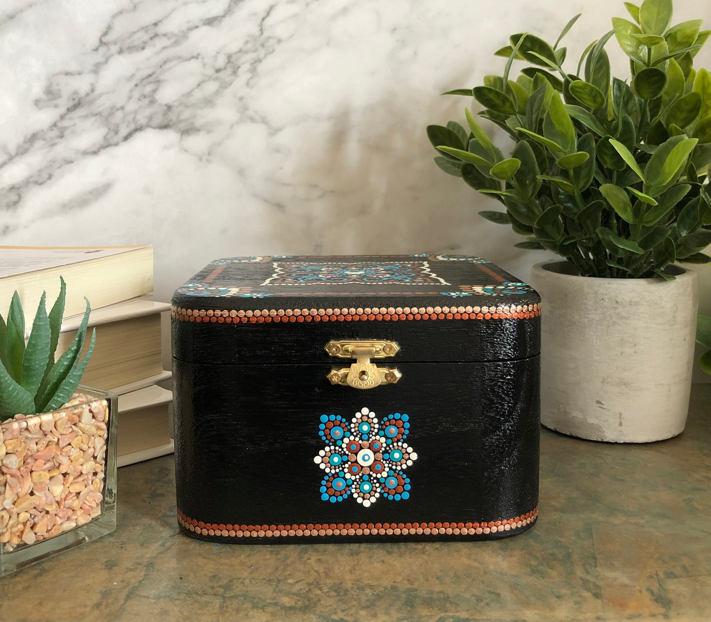 Black Wooden Box with Dot Art Design