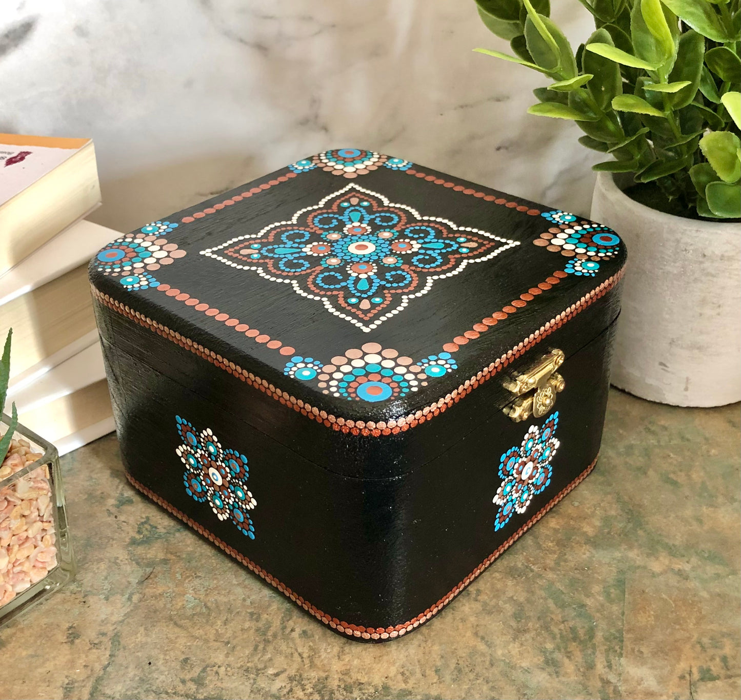 Black Wooden Box with Dot Art Design