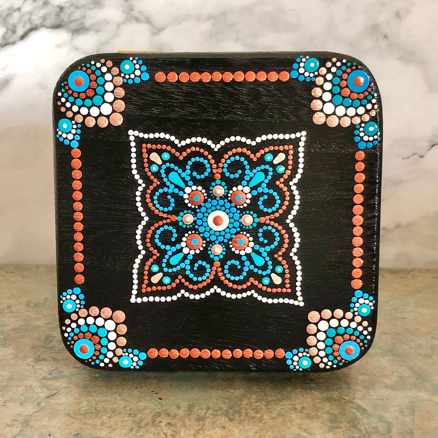 Black Wooden Box with Dot Art Design