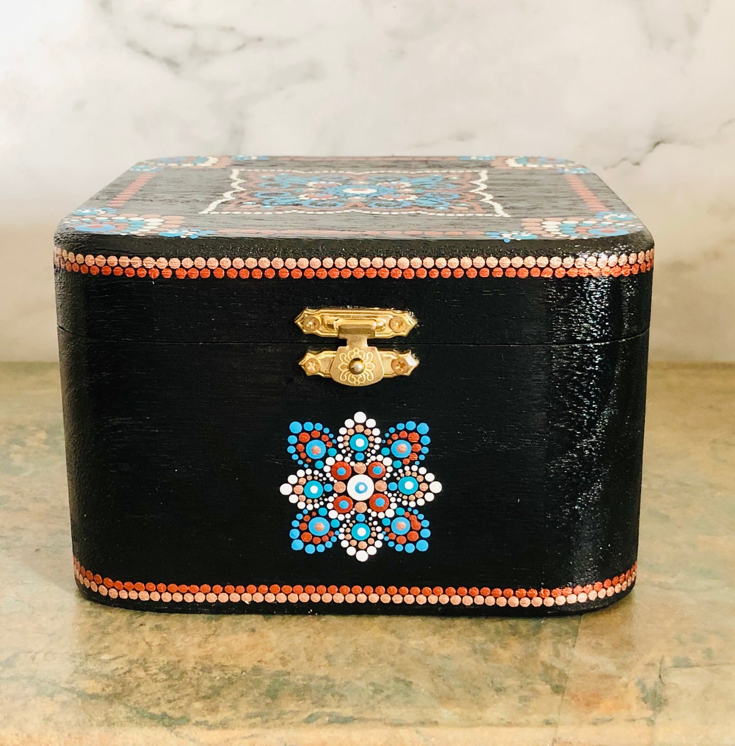 Black Wooden Box with Dot Art Design