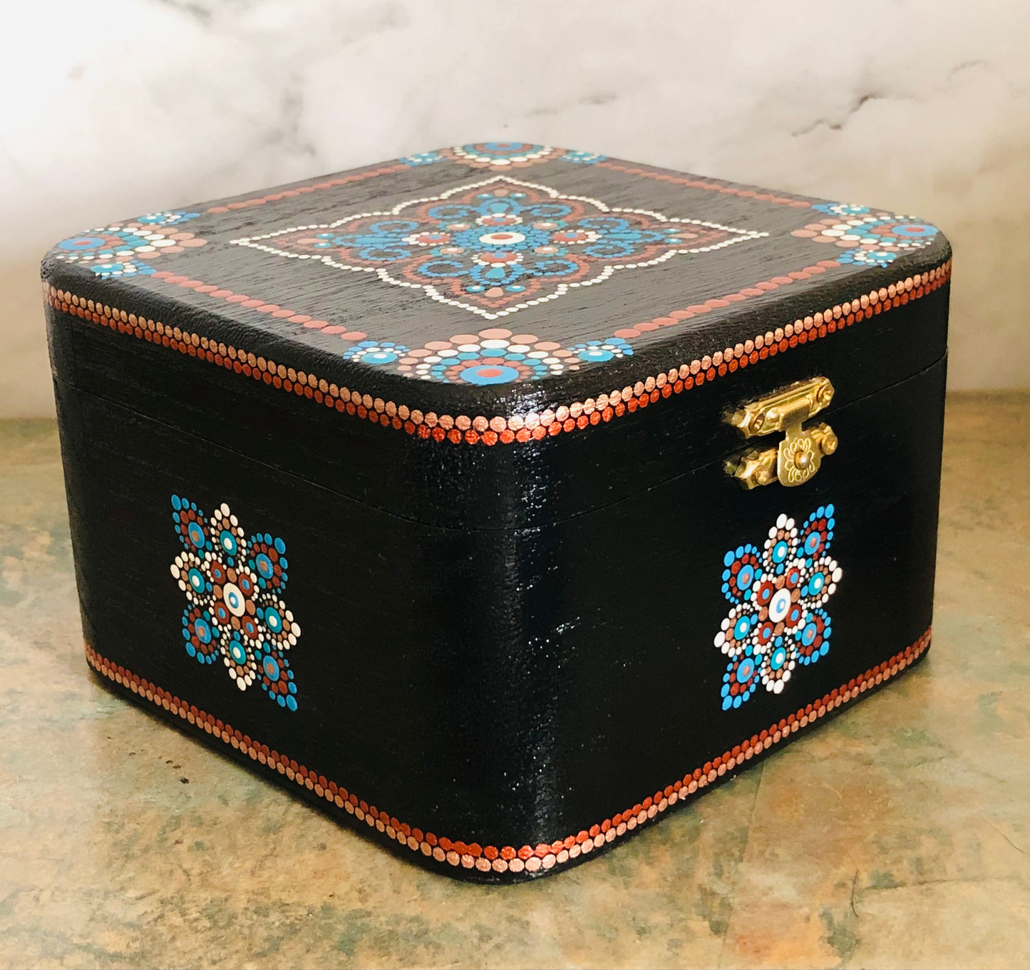 Black Wooden Box with Dot Art Design